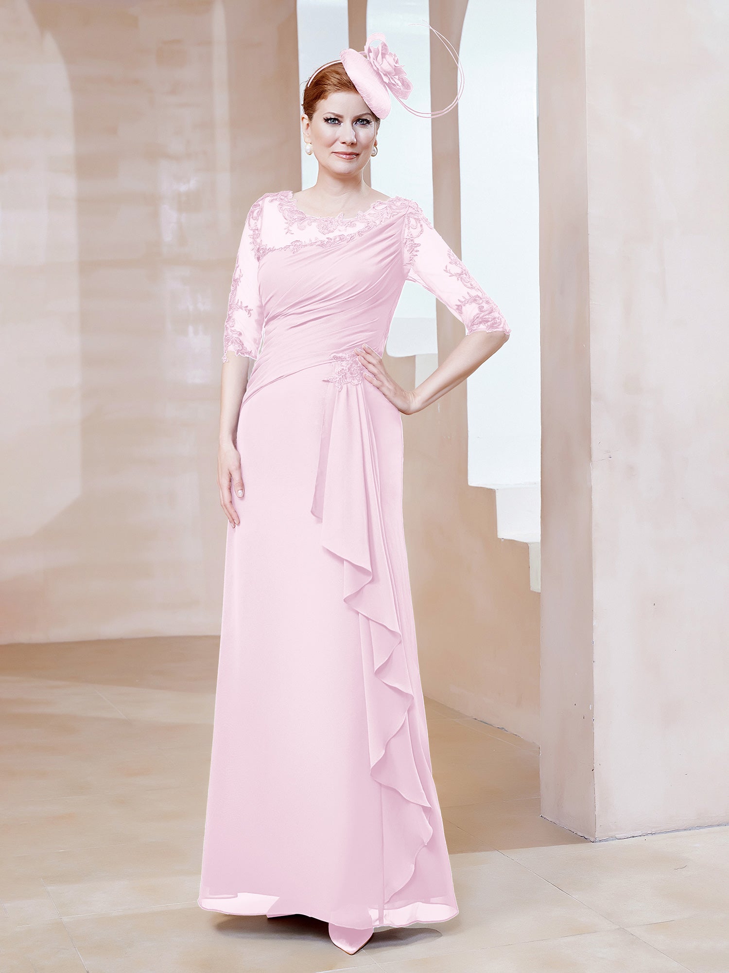 Robe en Mousseline à Manches Mi-longues et Décolleté Illusion avec Dentelle Rose Pâle